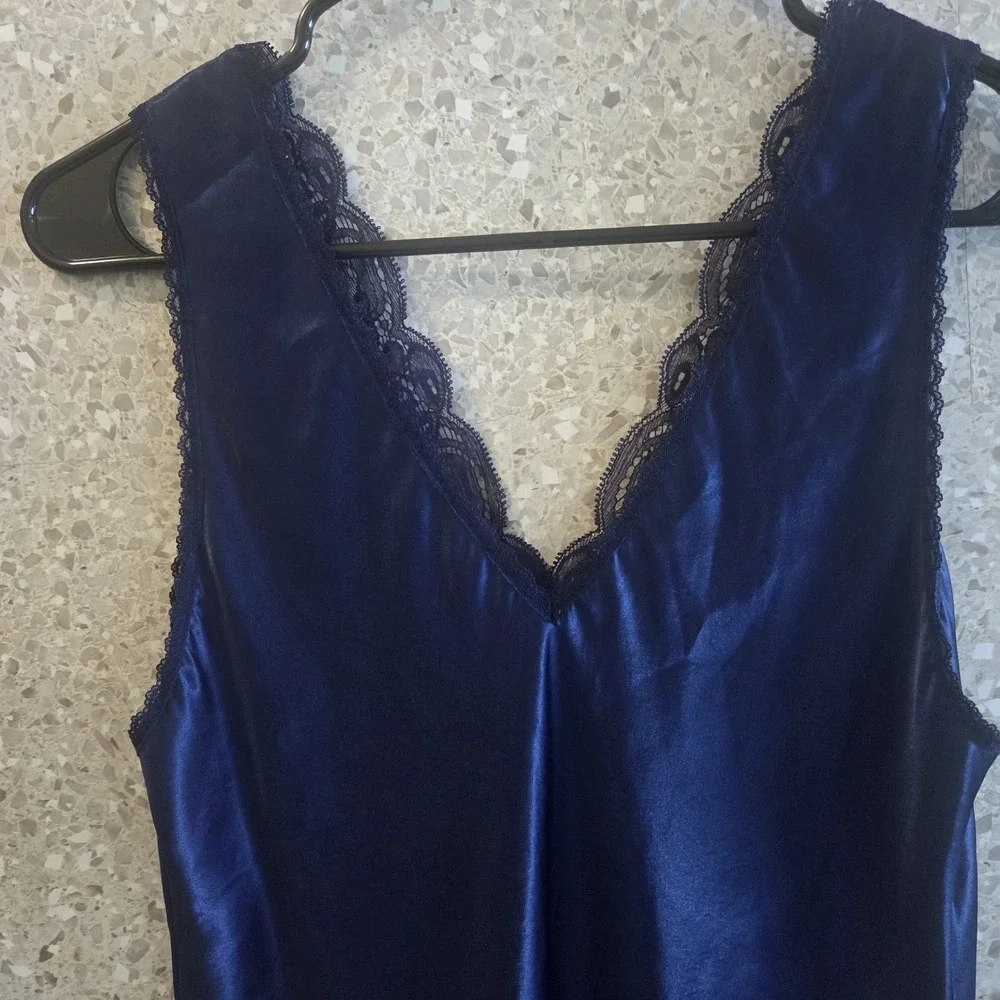 Natori‎ Blue Satin Lace Trim Sleep Cami Top Womens Small S Silky Lingerie